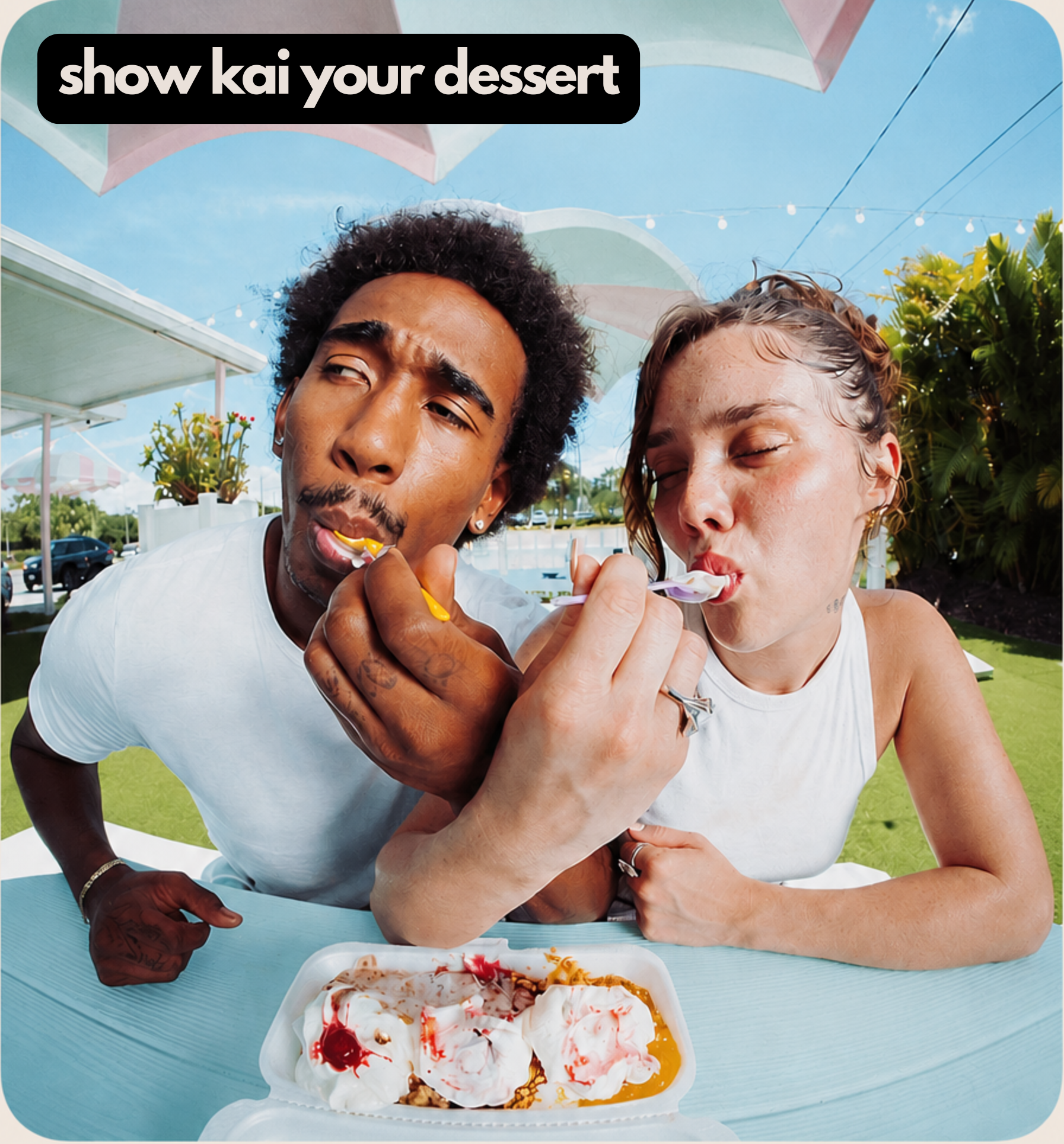 Two friends sharing dessert on a sunny day